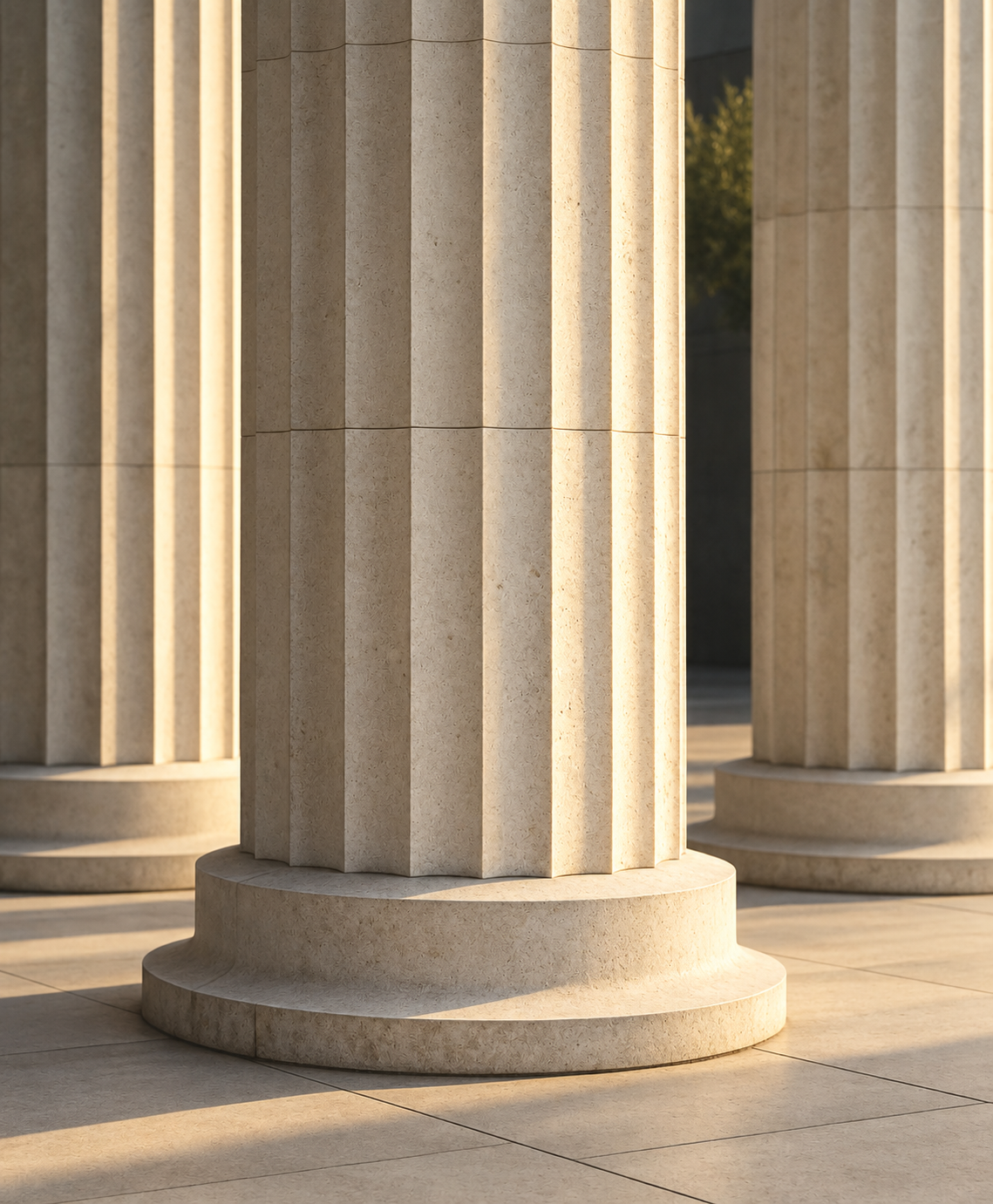 Fluted limestone columns in warm sunlight and deep shadow