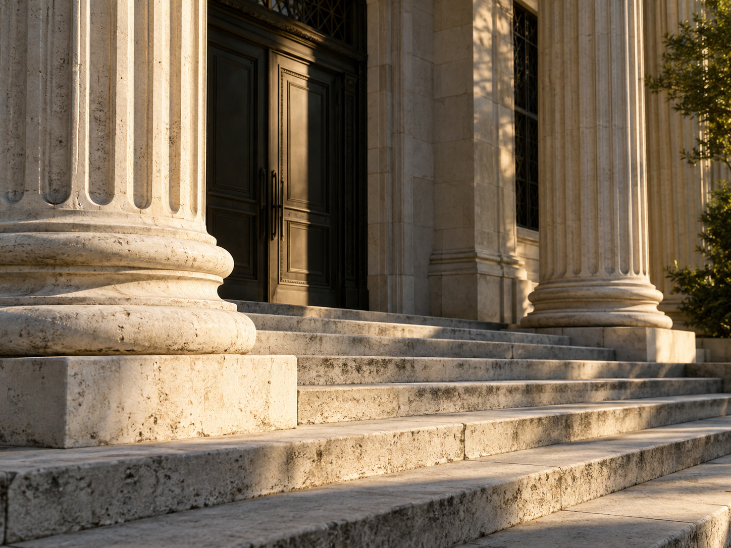 Courthouse columns and stone steps in warm afternoon light